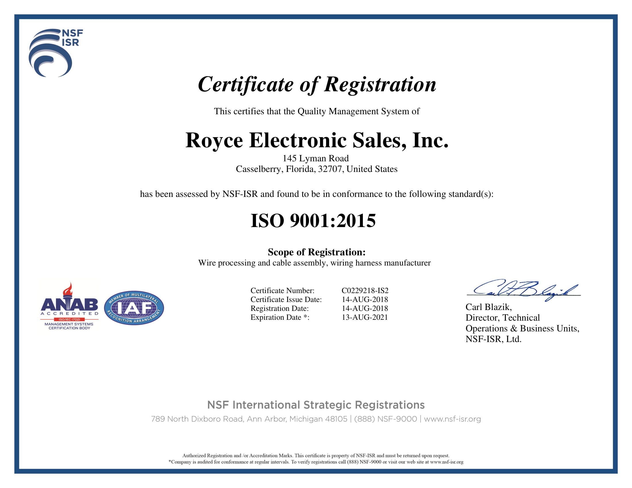 ISO Certification Royce Electronic Sales Inc